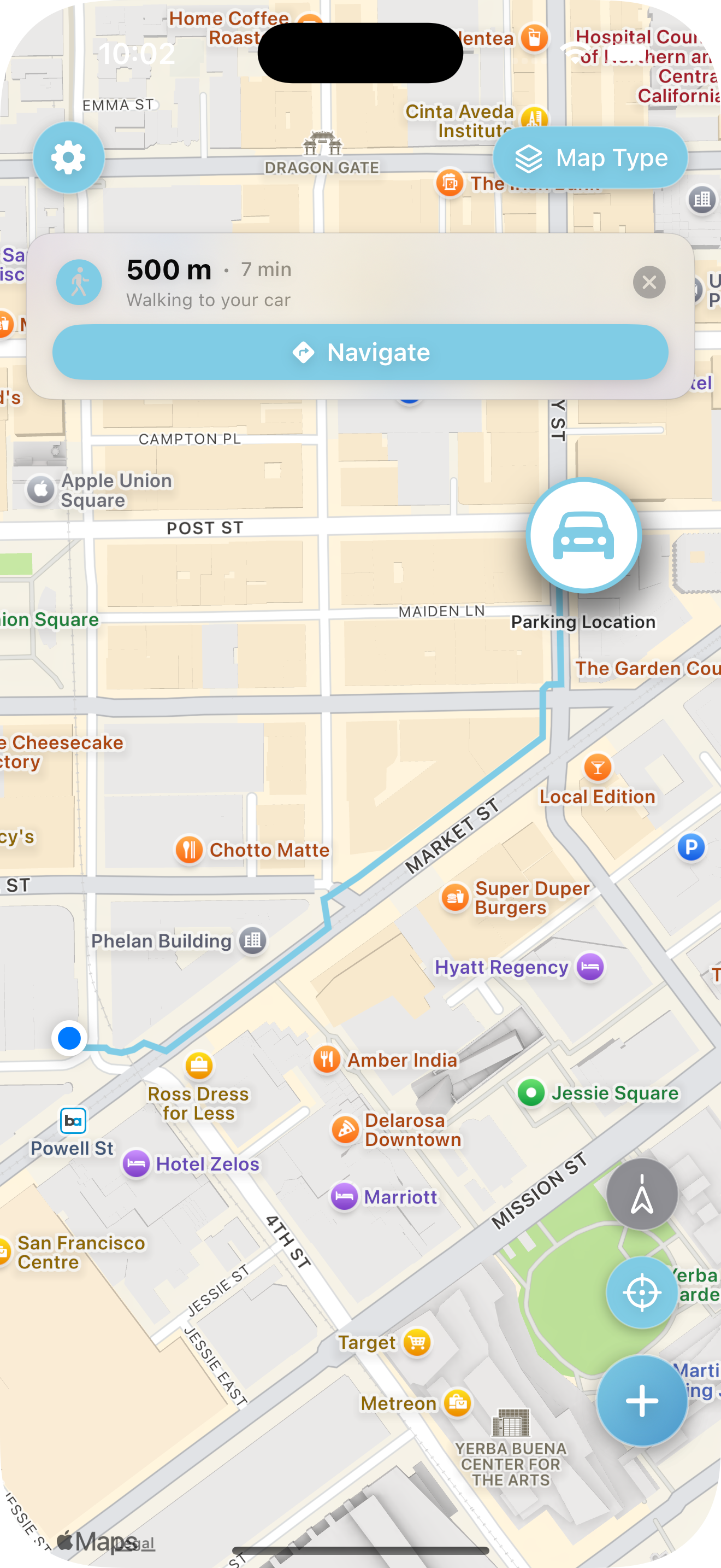 Find My Car map screen
