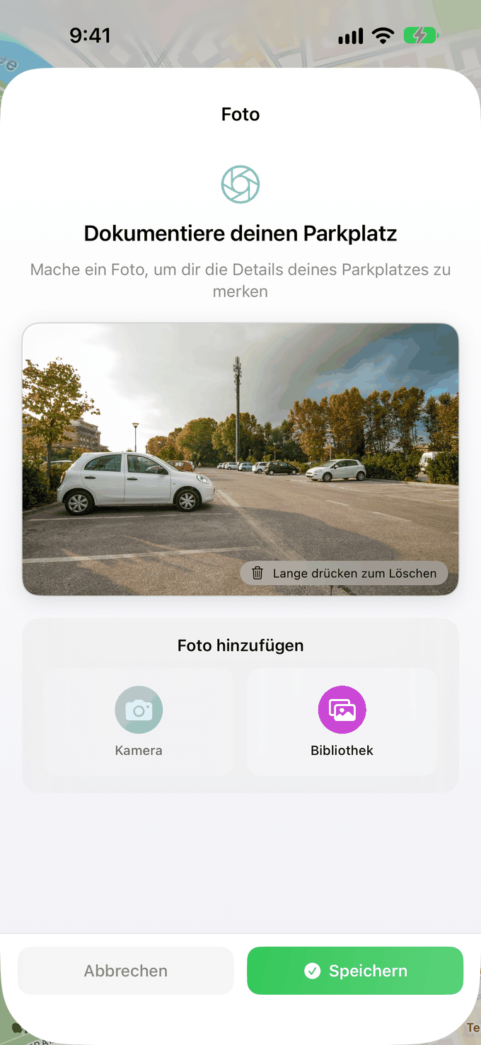 Bildschirm zum Dokumentieren des Parkplatzes mit Kamera und Mediathek