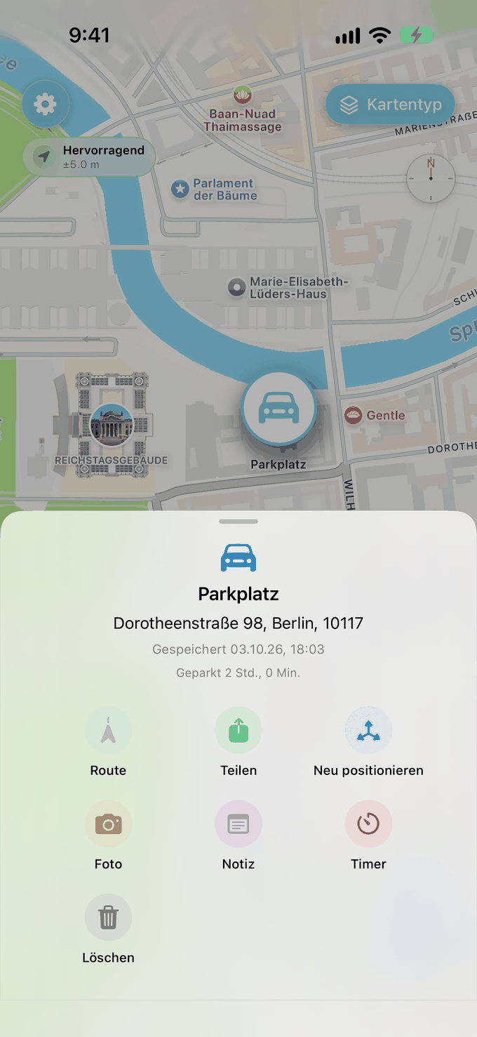 Find My Car mit einem gespeicherten Parkplatz auf der Karte und den Aktionen Route, Teilen, Foto, Notiz und Timer