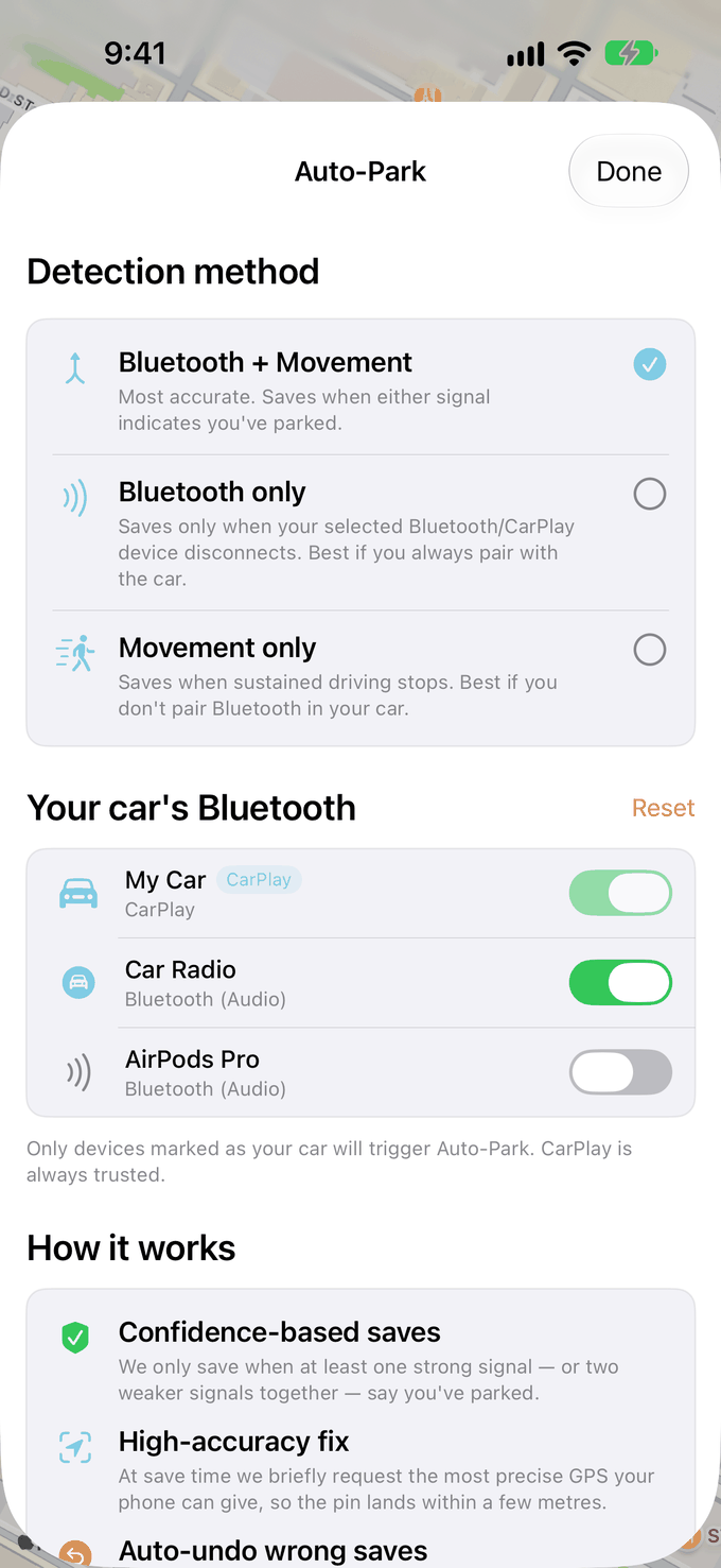 Auto-Park settings with the detection modes Bluetooth and movement, Bluetooth only and movement only, plus a list of car Bluetooth devices