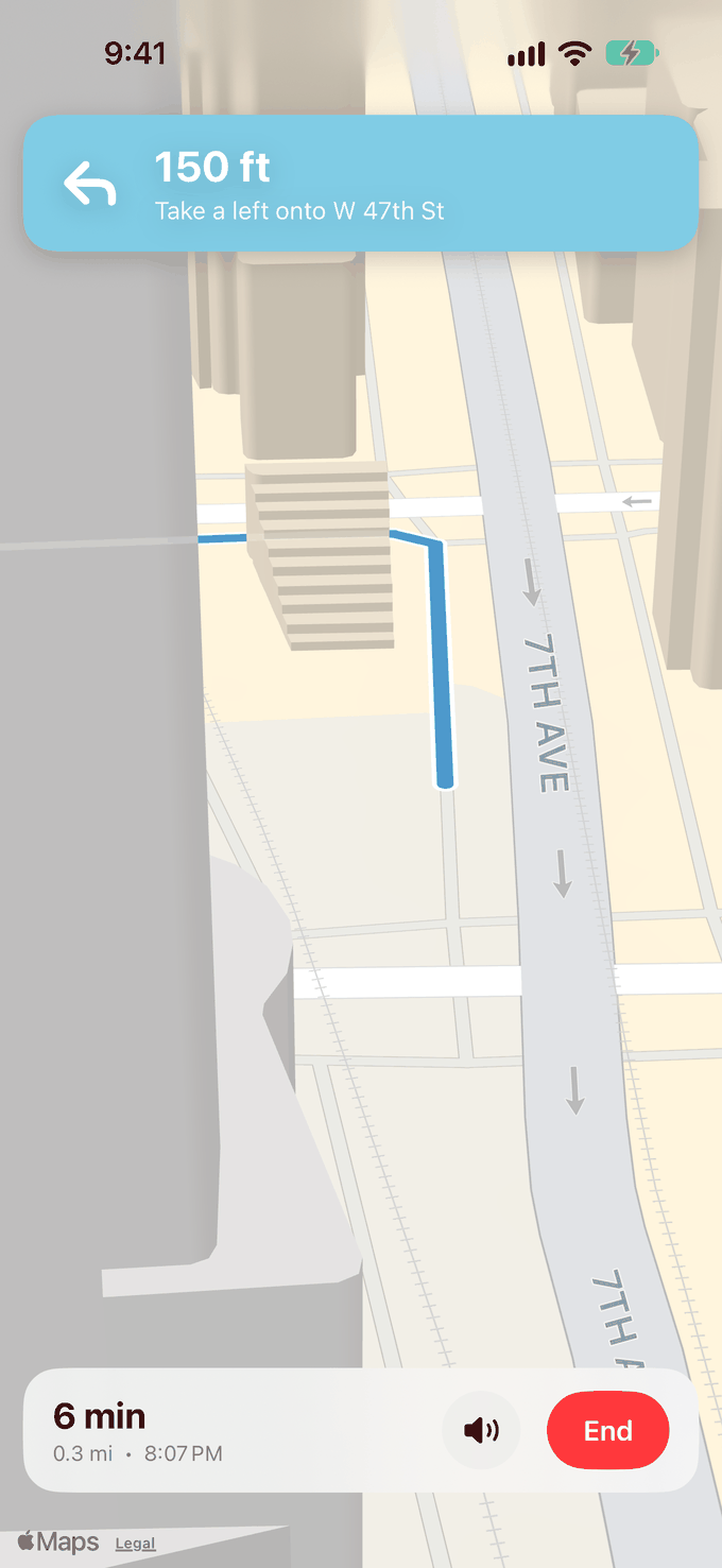 Live walking navigation: in 150 feet, take a left onto West 47th Street