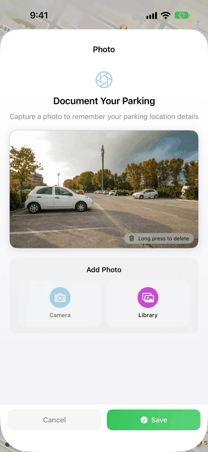 Document your parking screen with options to take a photo or choose one from the library