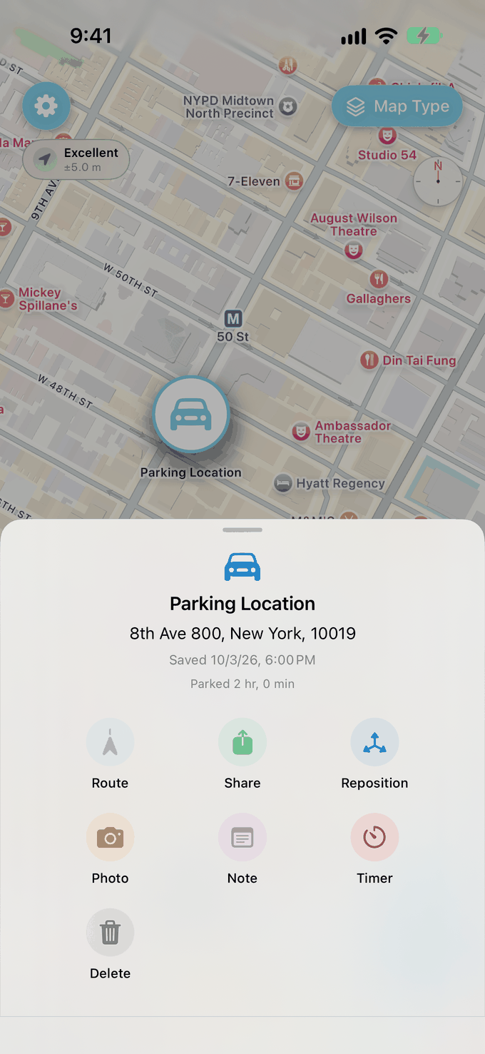 Find My Car showing a saved parking spot on the map with route, share, photo, note and timer actions