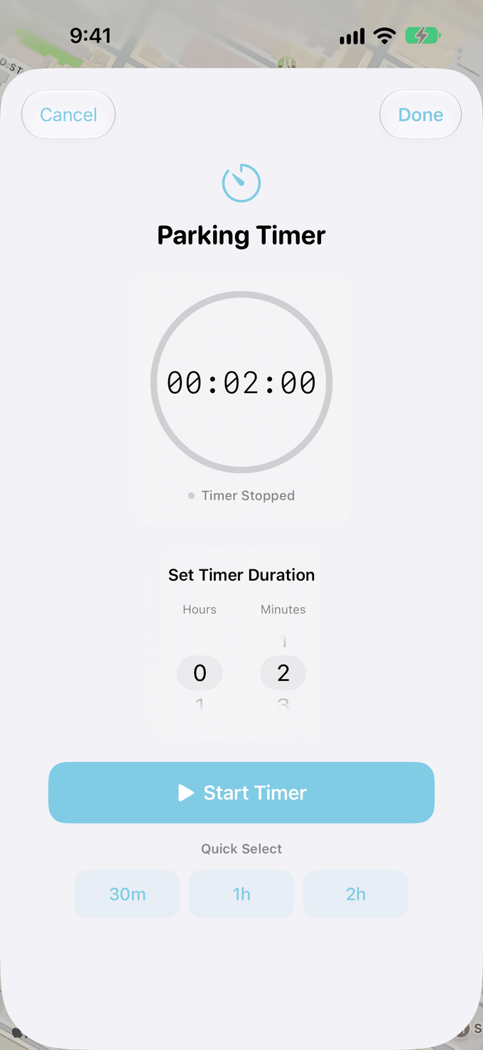 Parking timer set to two minutes with quick picks for 30 minutes, 1 hour and 2 hours